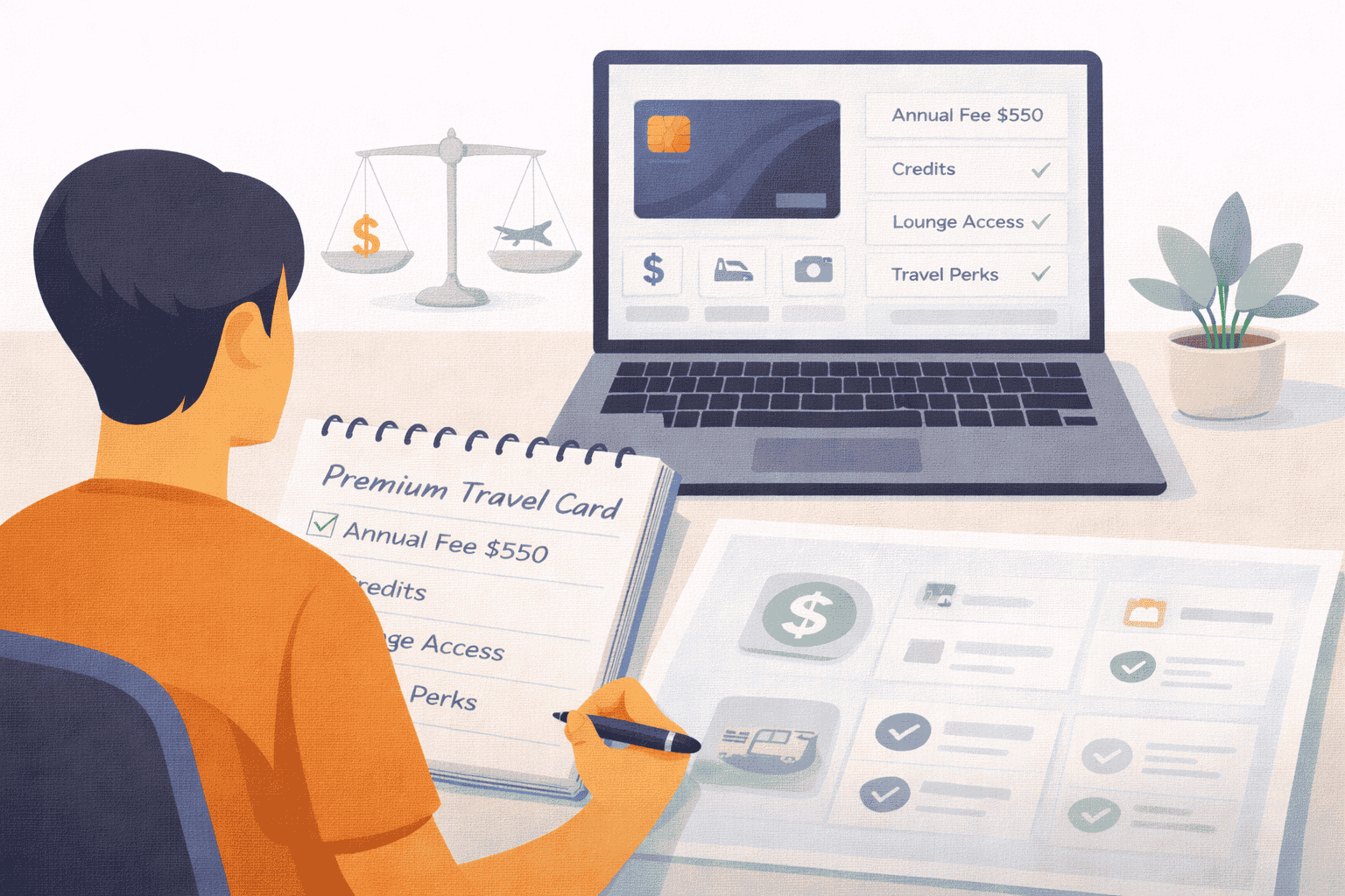Traveler comparing an annual fee travel card with credits, lounge access, and perks on a laptop and notebook