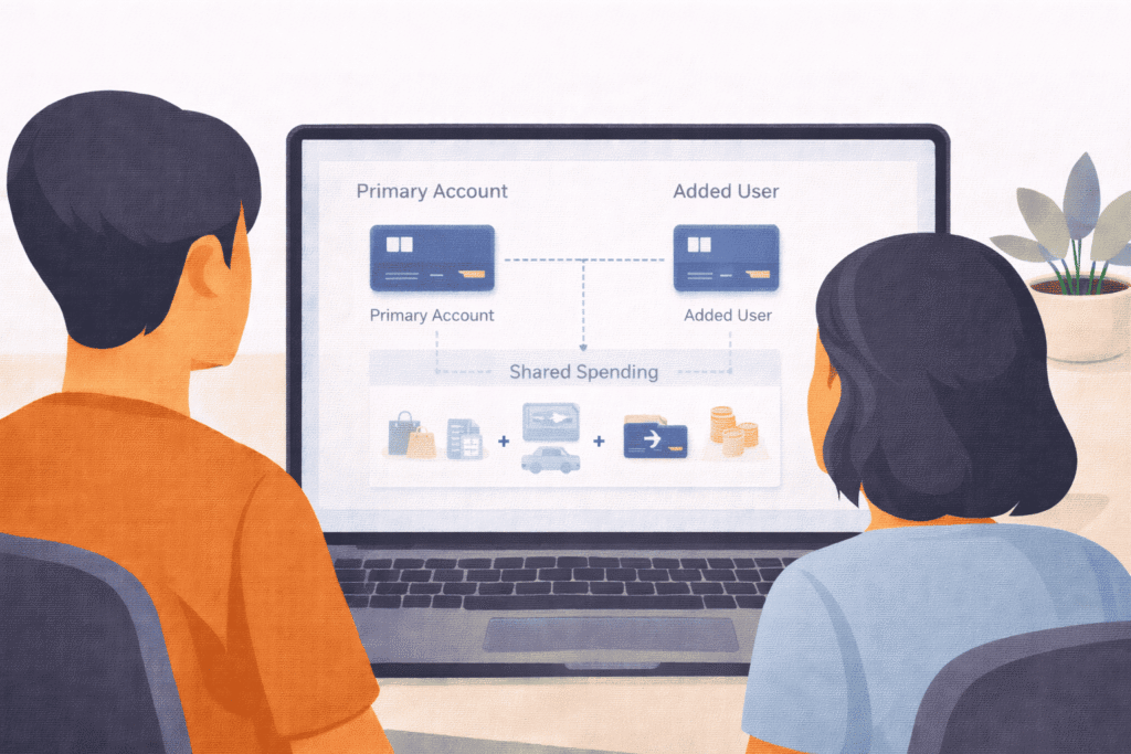 Two people comparing authorized user and joint credit card account structures for shared spending and travel rewards