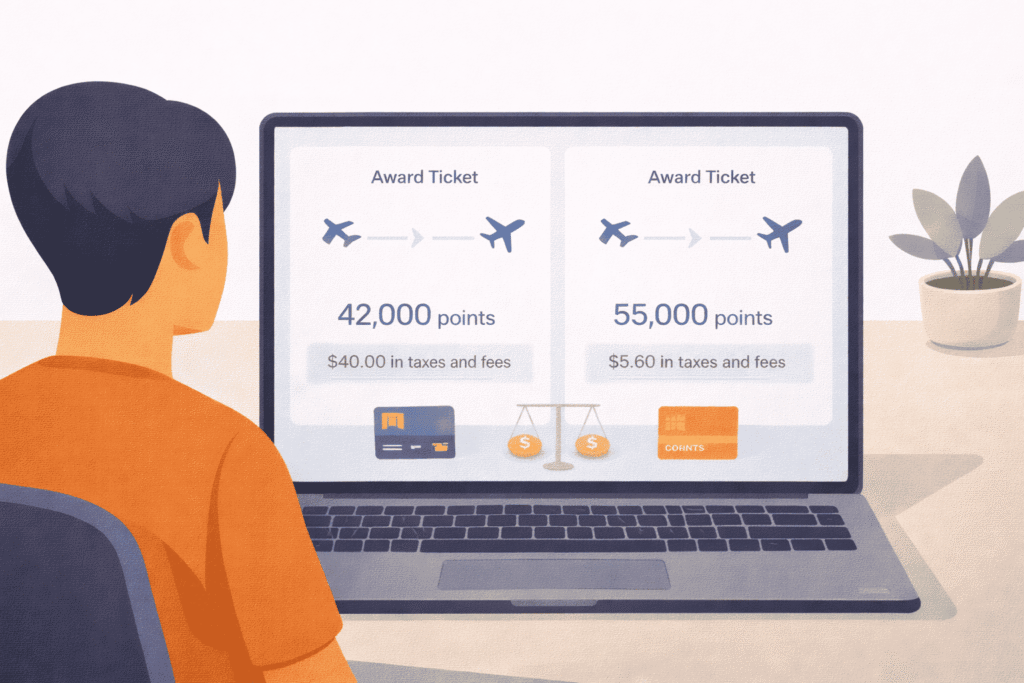 Traveler comparing award ticket options with points prices and different cash surcharge amounts on a laptop