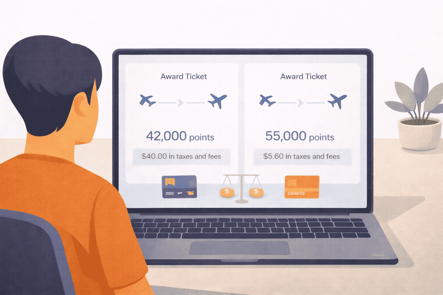 Traveler comparing award ticket options with points prices and different cash surcharge amounts on a laptop