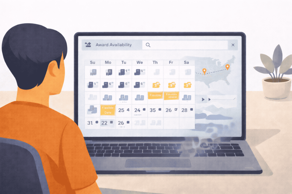 Traveler searching award availability with calendar, route map, and disappearing seat icons on a laptop