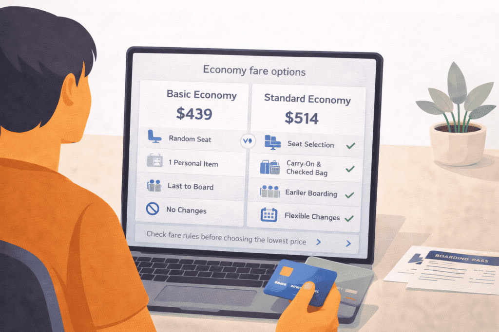 Traveler comparing basic economy and standard economy fare rules with baggage and seat differences on a laptop