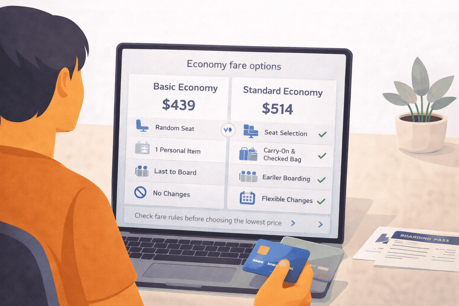 Traveler comparing basic economy and standard economy fare rules with baggage and seat differences on a laptop