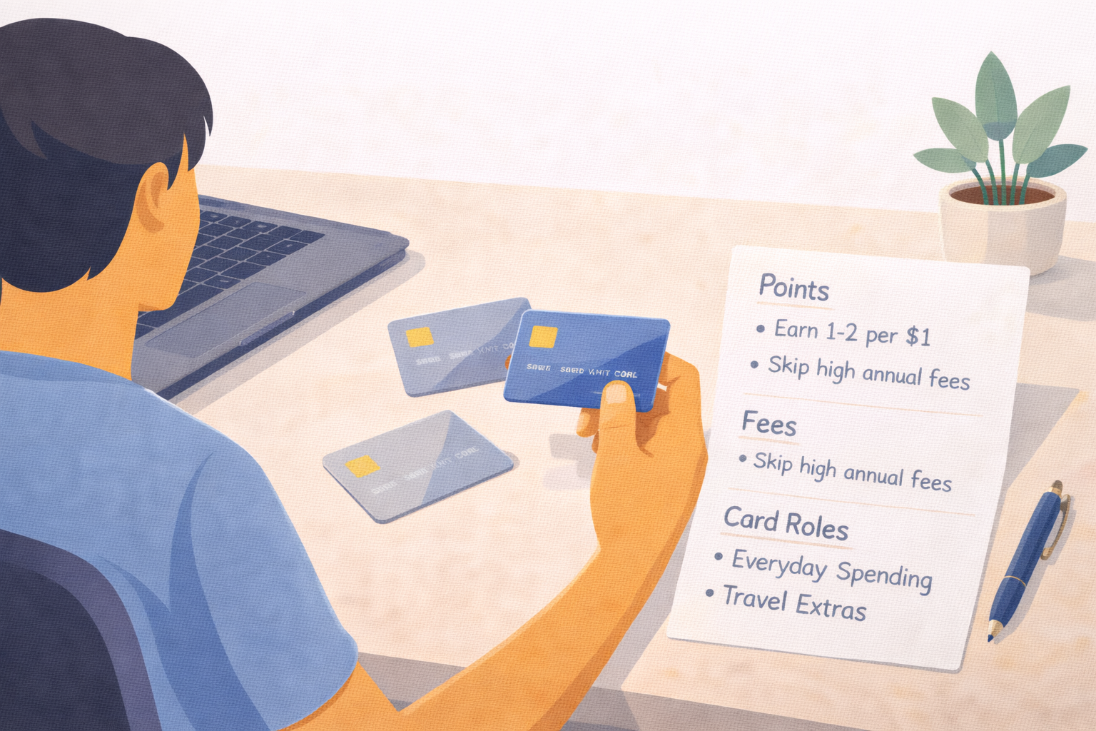 Beginner traveler organizing a simple one or two card travel rewards wallet setup with notes and laptop