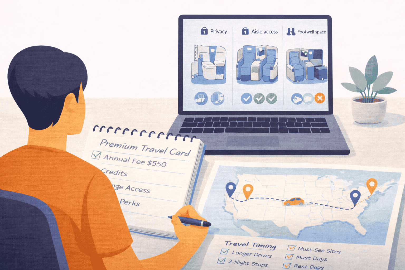 Traveler comparing business class seat layouts with privacy, aisle access, and comfort features on a laptop