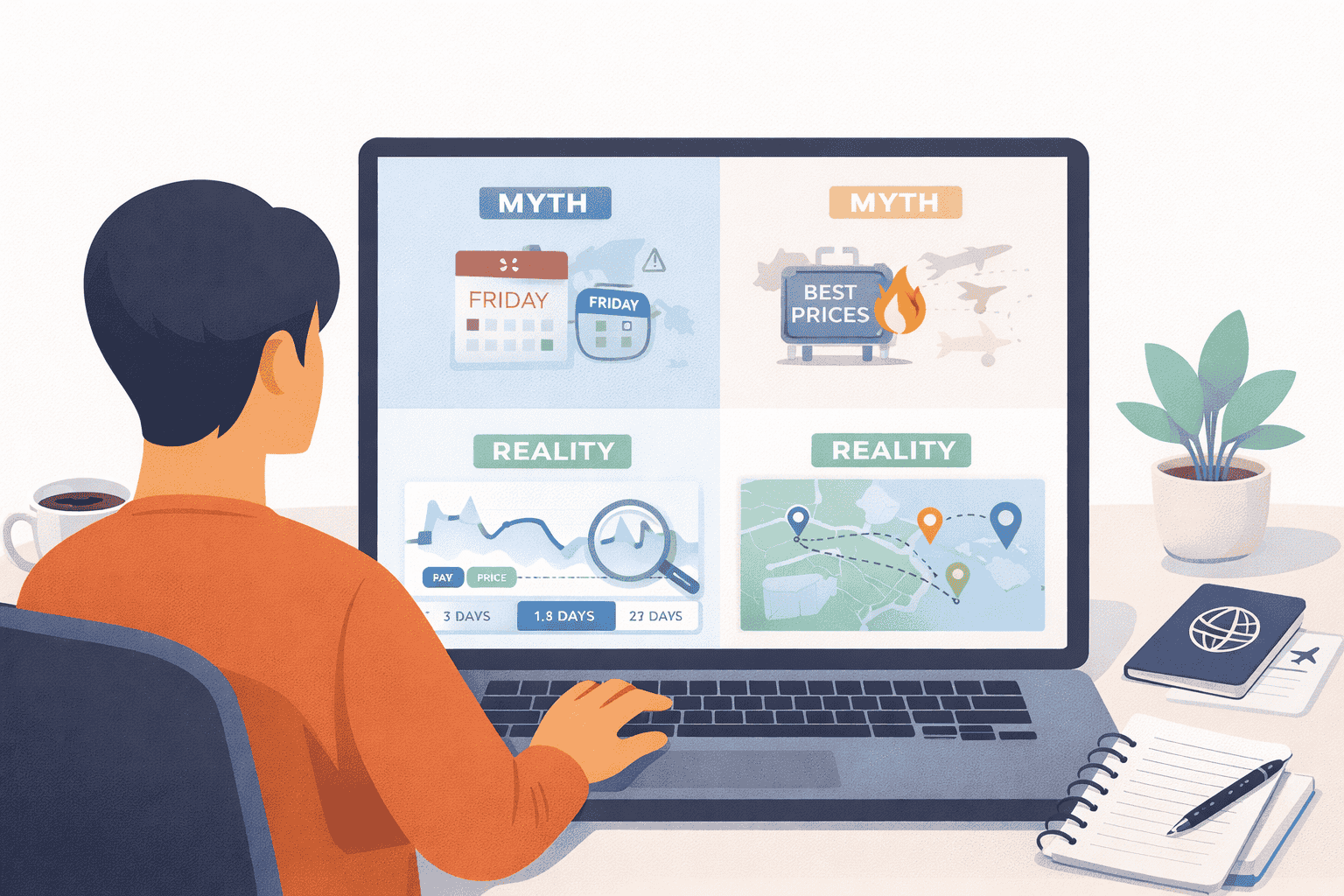 Traveler planning when to book a flight using a laptop, calendar, and fare trend chart