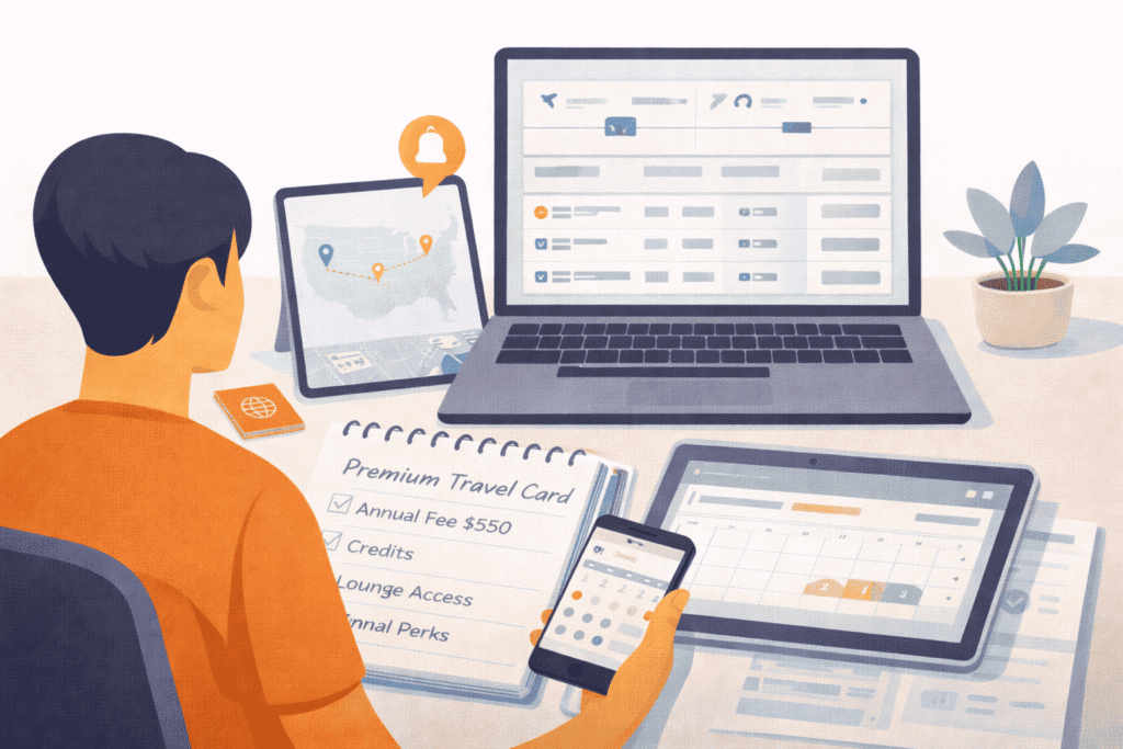 Traveler organizing a trip with flight search, maps, alerts, and itinerary tools across laptop, tablet, and phone