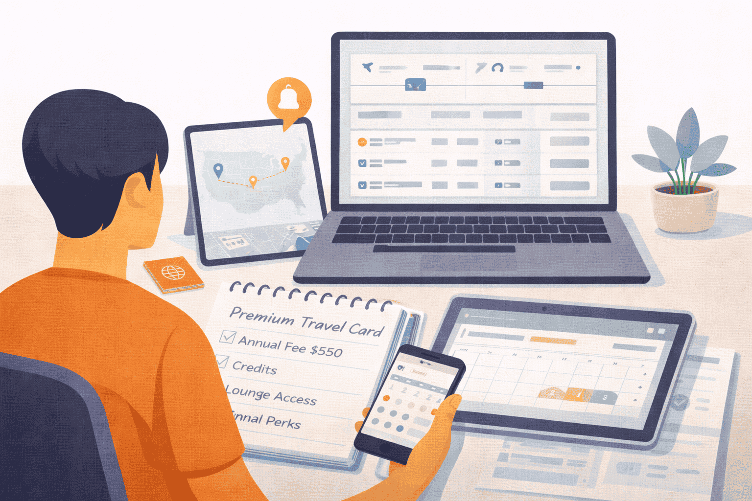 Traveler organizing a trip with flight search, maps, alerts, and itinerary tools across laptop, tablet, and phone