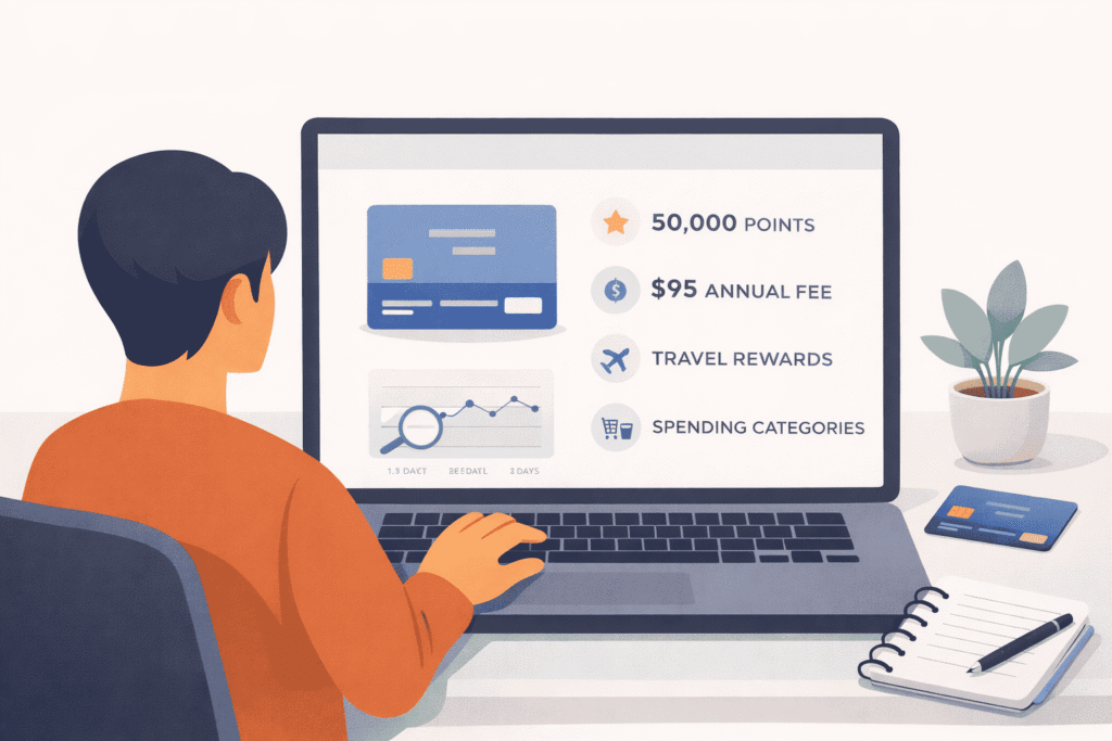 Person reviewing a travel credit card offer with points, fees, and rewards icons on a laptop screen
