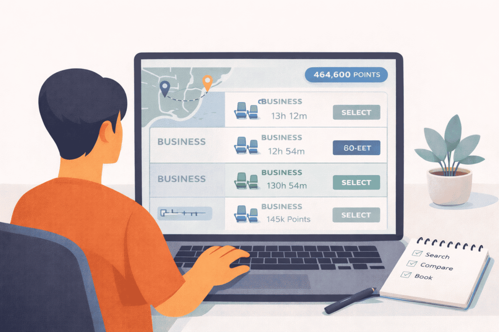 Traveler booking a business class flight with points on a laptop showing award seats and route options