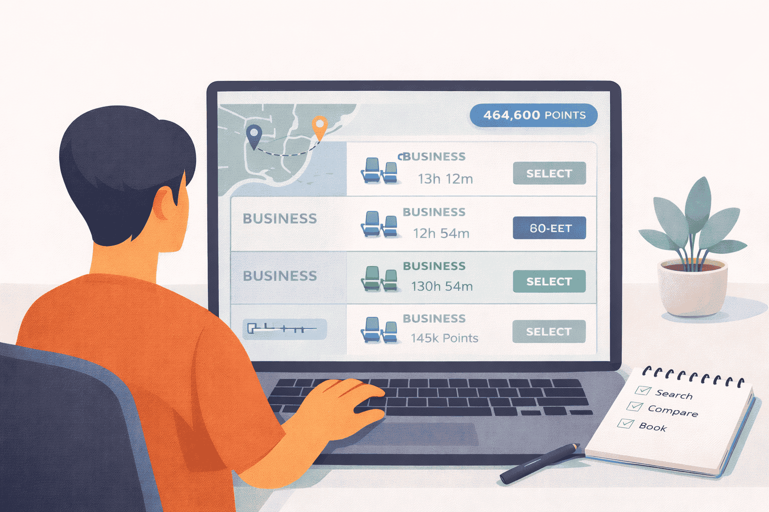 Traveler booking a business class flight with points on a laptop showing award seats and route options