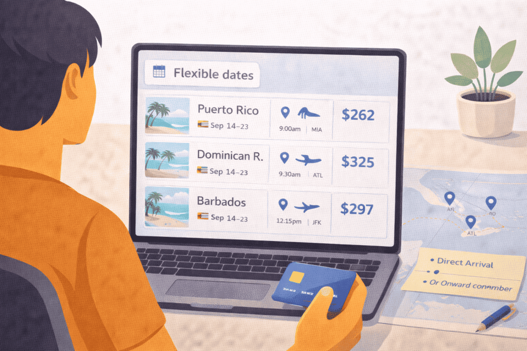 Traveler comparing Caribbean island flight options with dates, airports, and beach destination markers