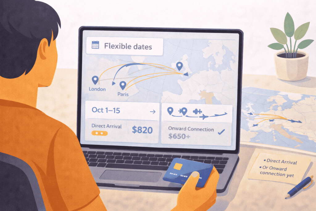 Traveler comparing Europe gateway routes, flexible dates, and onward connections on a laptop and map