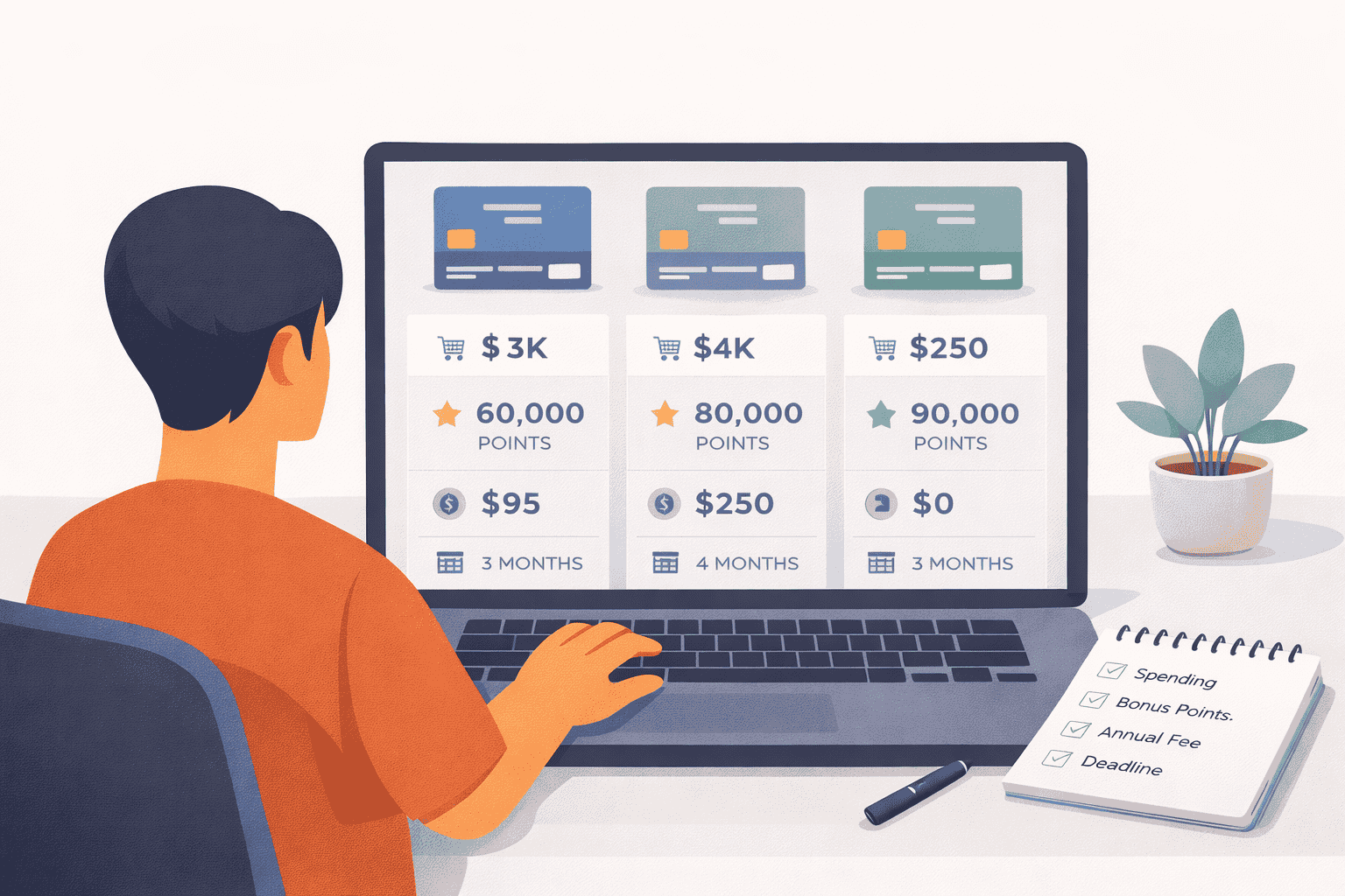Person comparing welcome bonus offers on a laptop with checklist, deadline, and points visuals