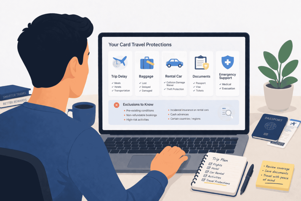 Traveler reviewing travel insurance benefits on a credit card with trip delay, baggage, and rental car icons