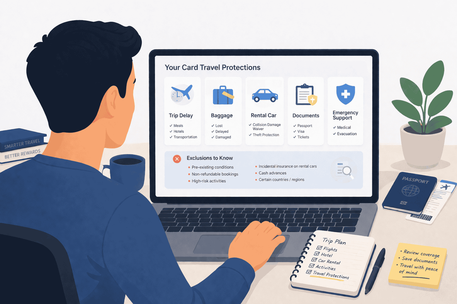 Traveler reviewing travel insurance benefits on a credit card with trip delay, baggage, and rental car icons