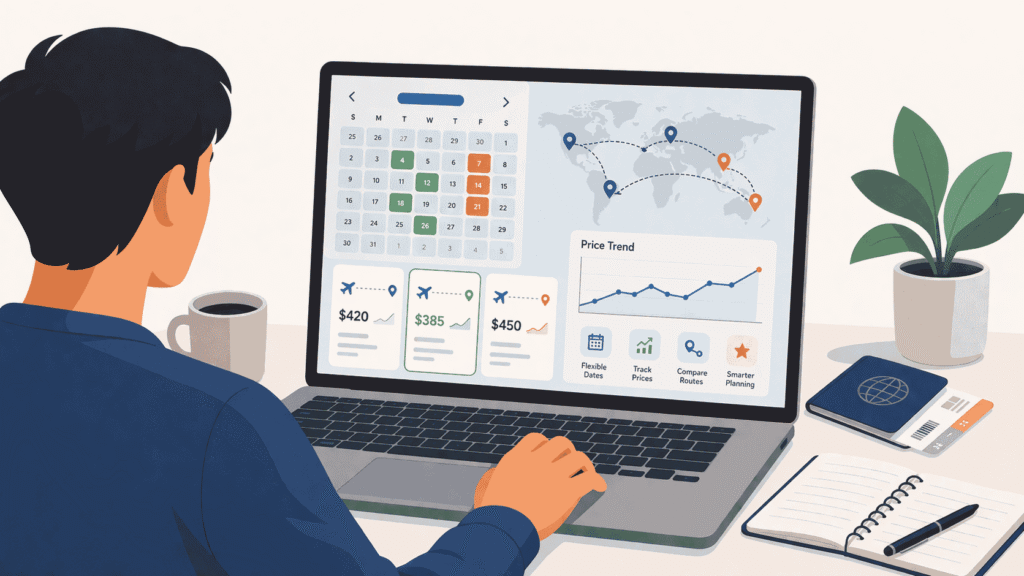 Traveler reviewing lower airfare options on a laptop with flexible dates, route lines, and fare comparison elements
