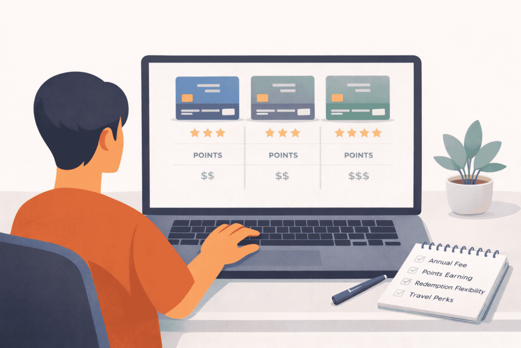 Beginner traveler comparing travel rewards cards on a laptop with notes about fees, points, and perks