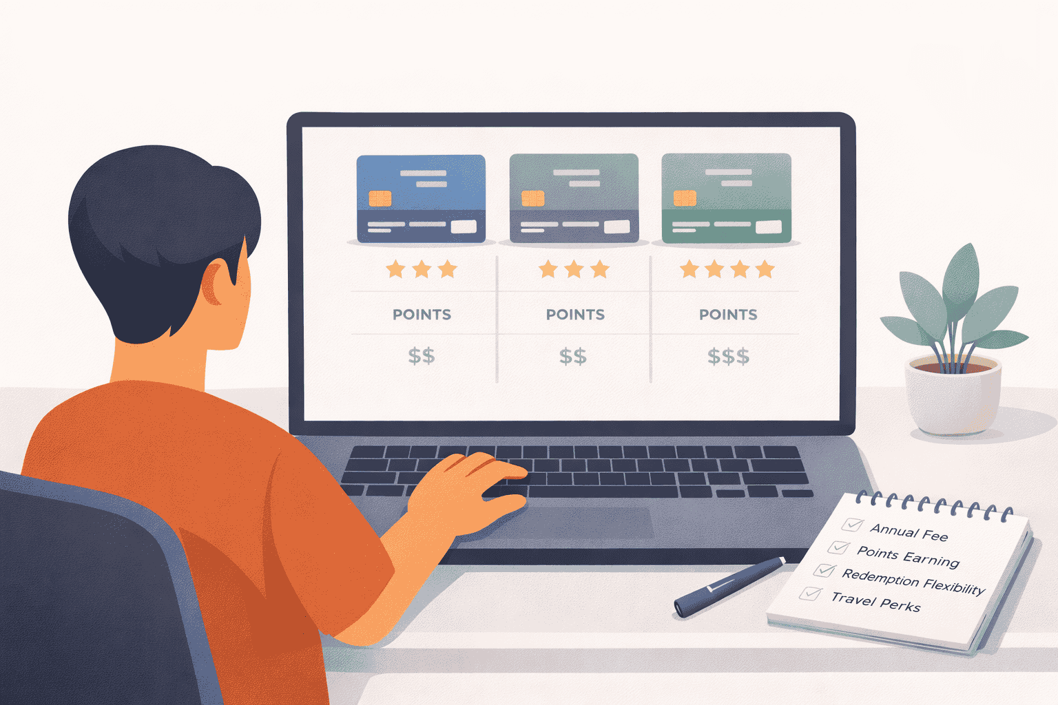 Beginner traveler comparing travel rewards cards on a laptop with notes about fees, points, and perks