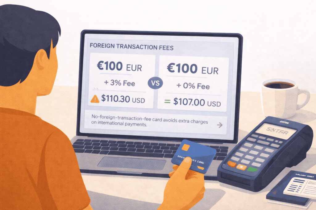 Traveler comparing card payments abroad with foreign transaction fee and no-fee card visuals
