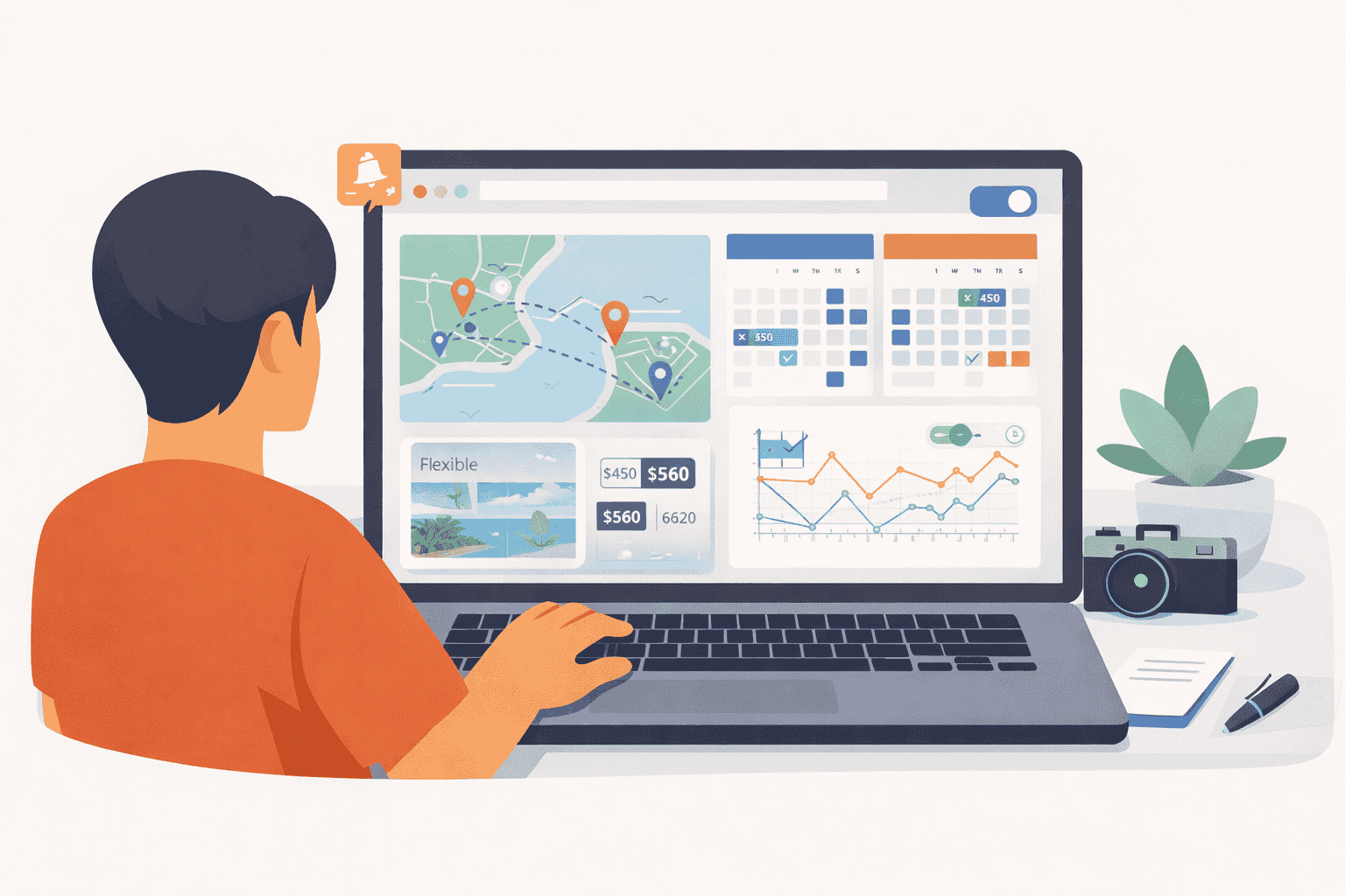 Traveler comparing flight prices on a laptop with route map, calendar, and fare tracking visuals