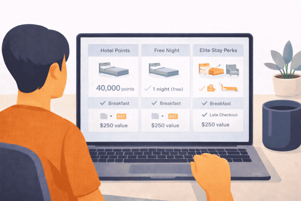 Traveler reviewing hotel points, free nights, and stay perks like breakfast and late checkout on a laptop