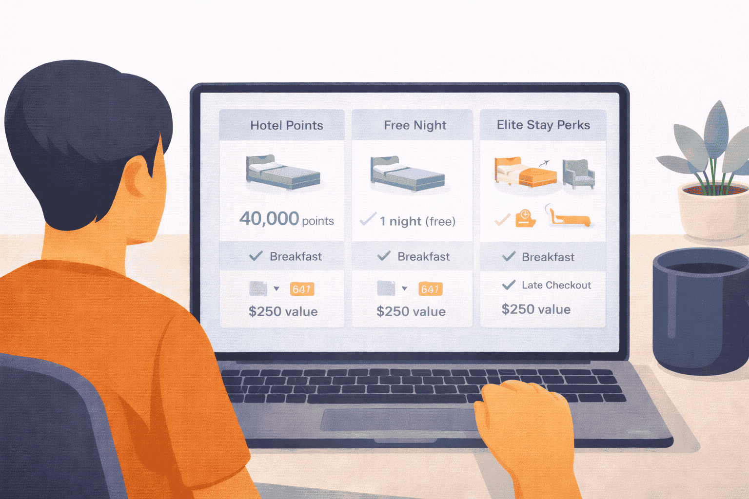 Traveler reviewing hotel points, free nights, and stay perks like breakfast and late checkout on a laptop