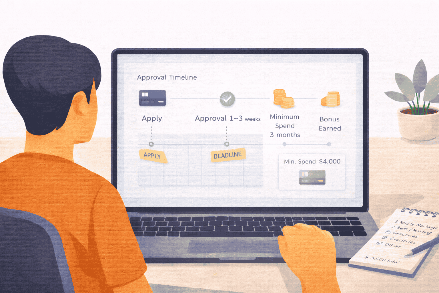 Person planning credit card application timing with a calendar, spending notes, and card approval timeline