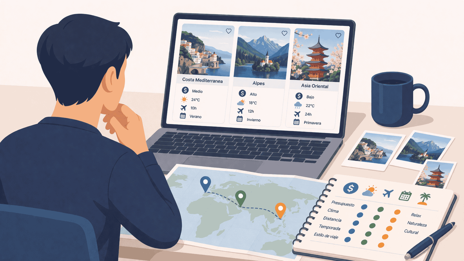 Traveler comparing destination options with notes about budget, season, weather, and trip style