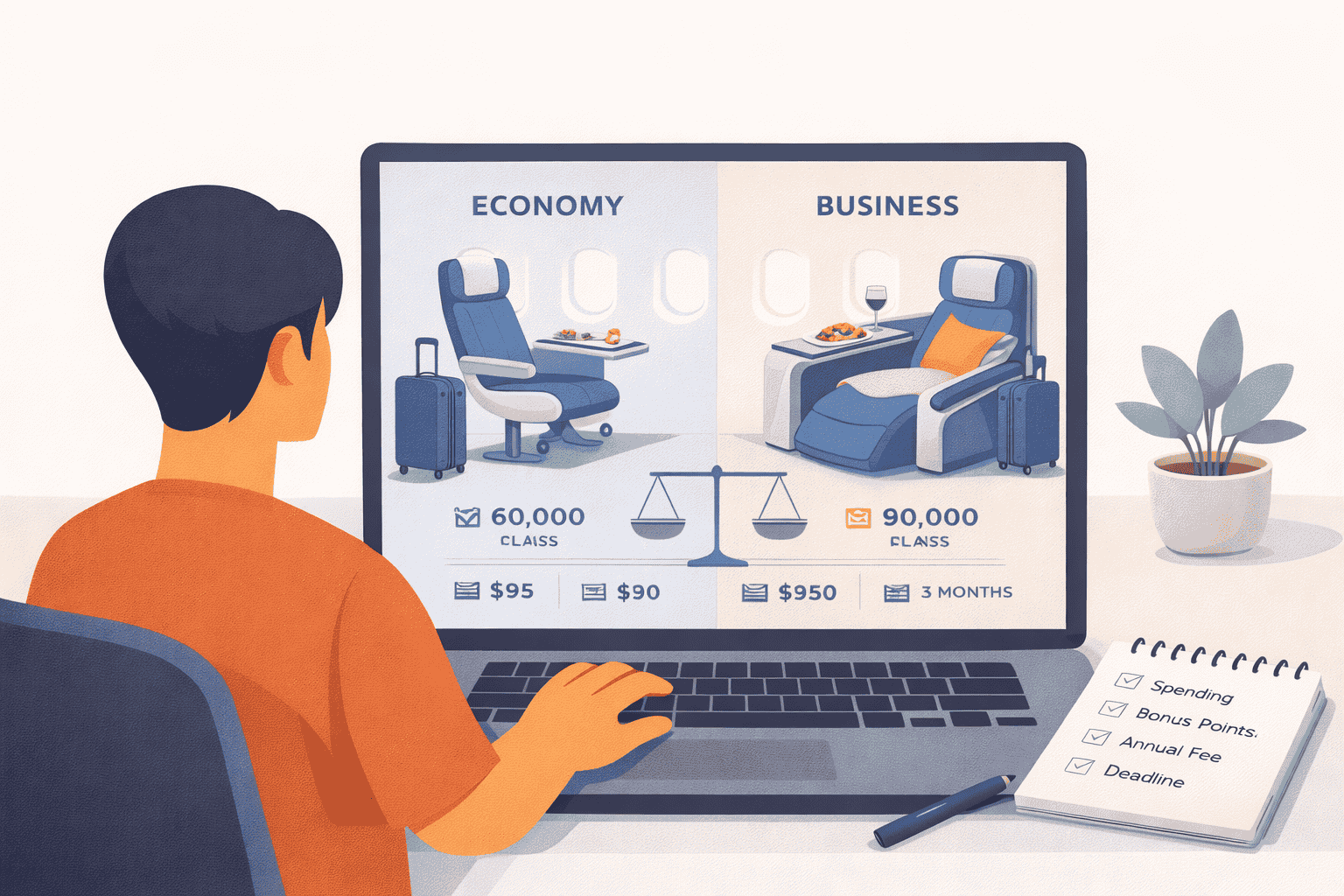 Side-by-side comparison of economy and business class with a traveler reviewing comfort and trip value