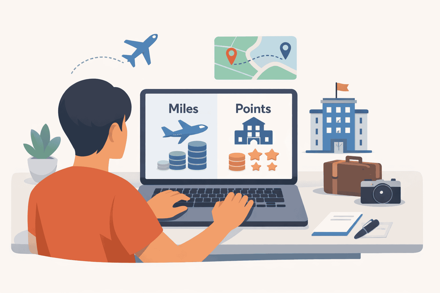 Traveler comparing airline miles and hotel points on a laptop with airplane, hotel, and route map icons on a desk
