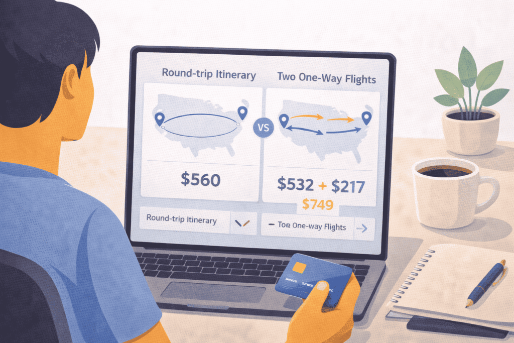 Traveler comparing round-trip and two one-way flight options with route lines and price differences