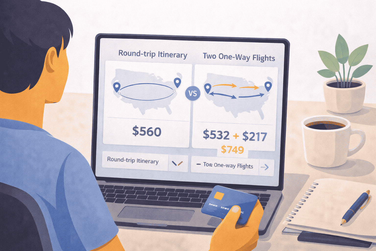 Traveler comparing round-trip and two one-way flight options with route lines and price differences