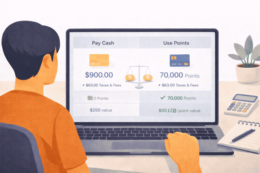 Traveler comparing paying cash versus using points for a booking with value notes on a laptop