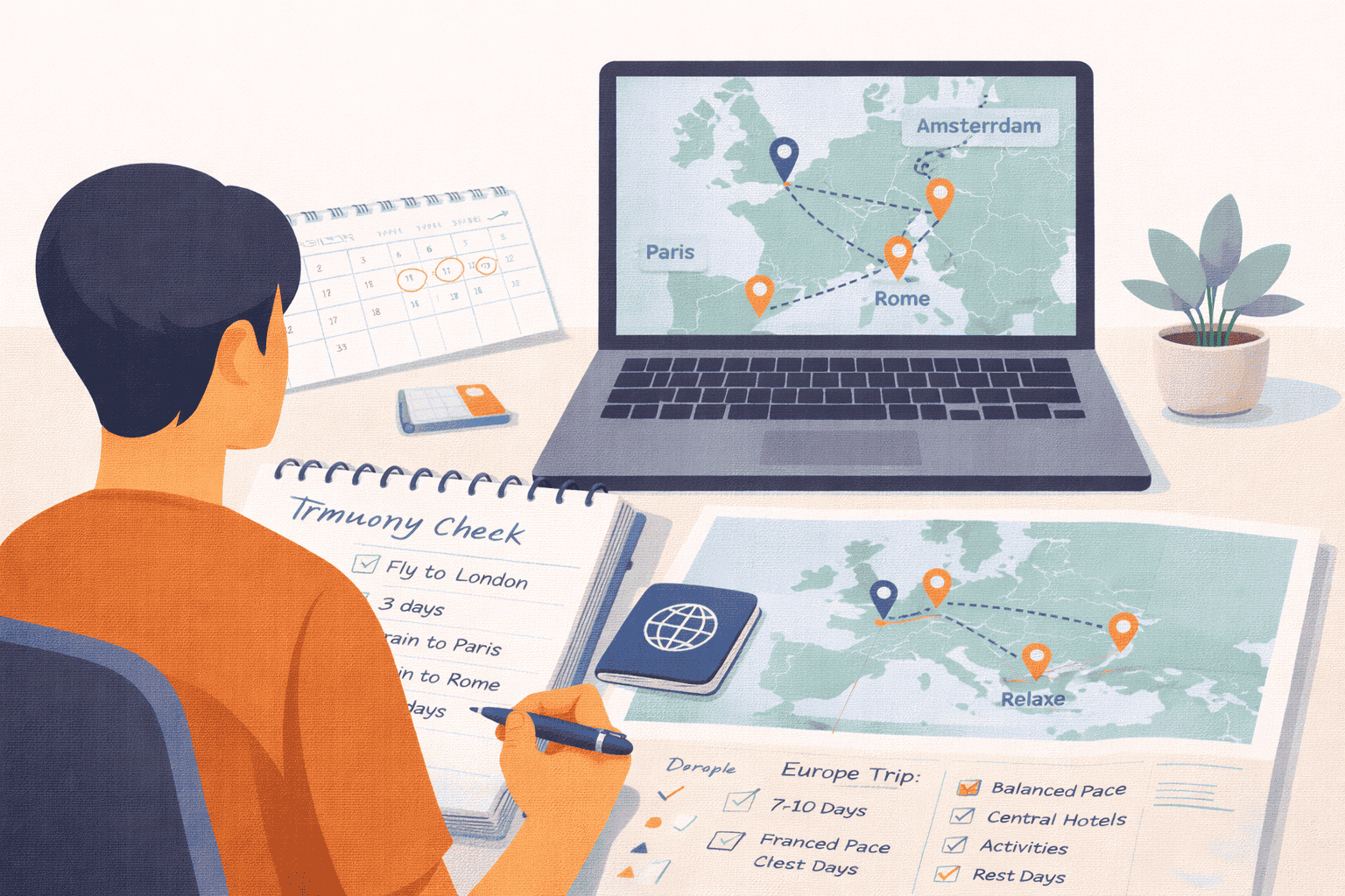Traveler planning a 7 to 10 day Europe itinerary with route map, calendar, and city stop notes