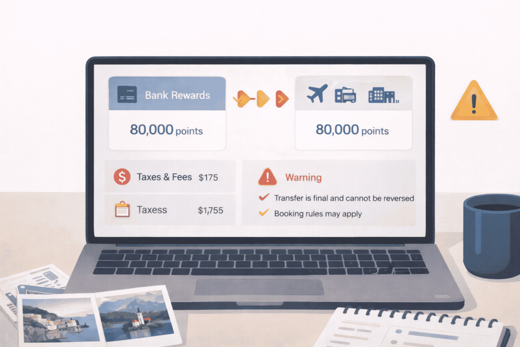 Reward points transferring from a bank account to a travel partner with fees and warning icons on screen