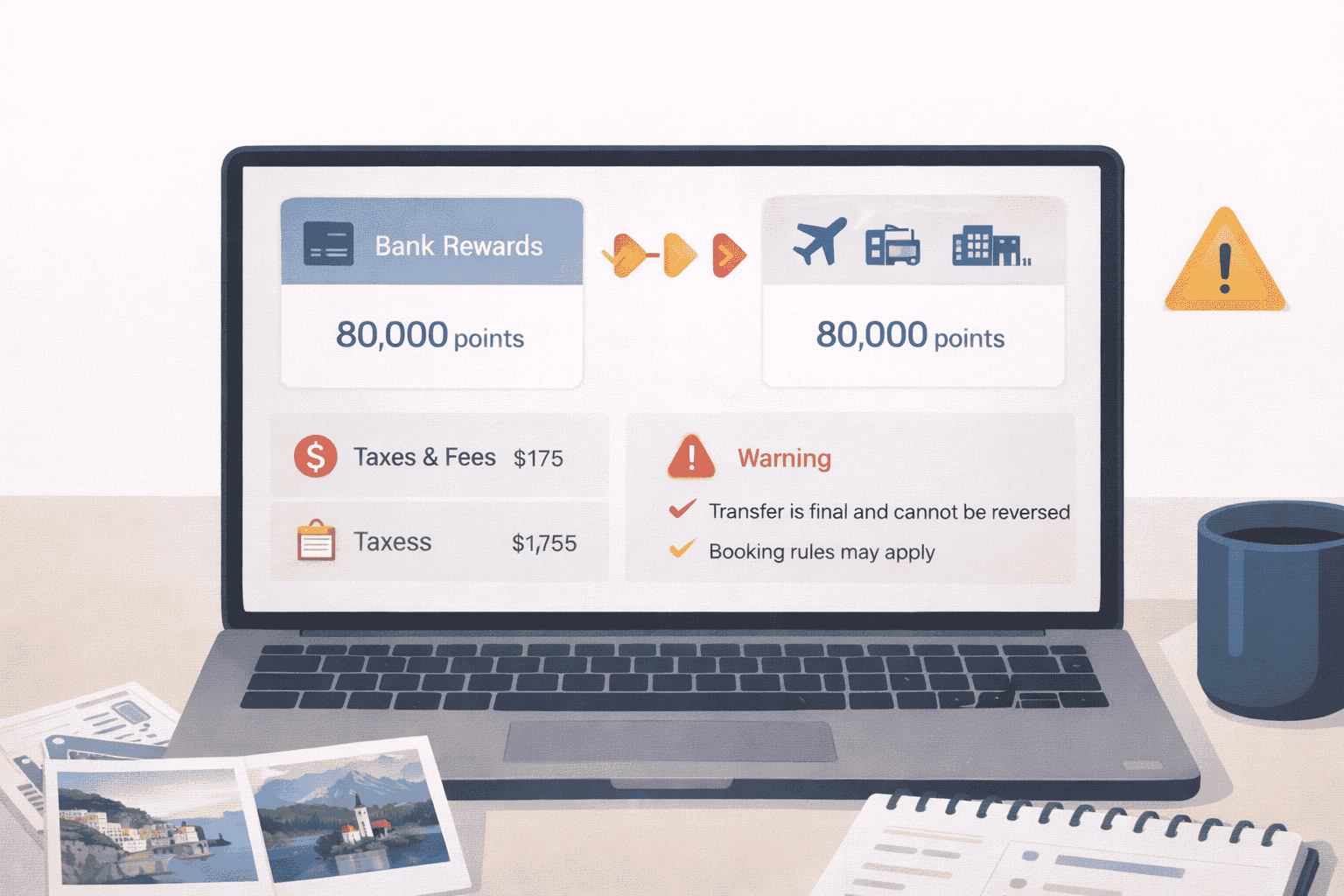 Reward points transferring from a bank account to a travel partner with fees and warning icons on screen