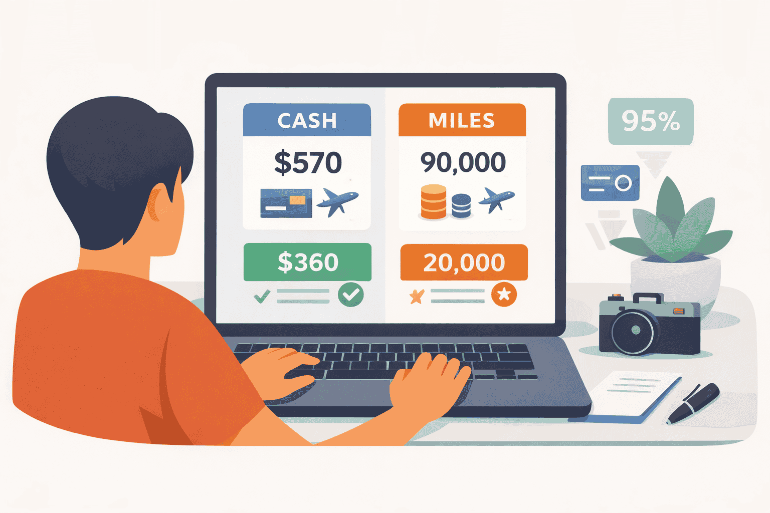 Traveler comparing booking with cash or miles on a laptop with notes and points icons beside it
