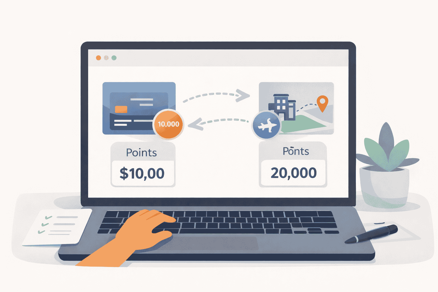 Reward points moving from a credit card account to airline and hotel partner programs on a travel dashboard