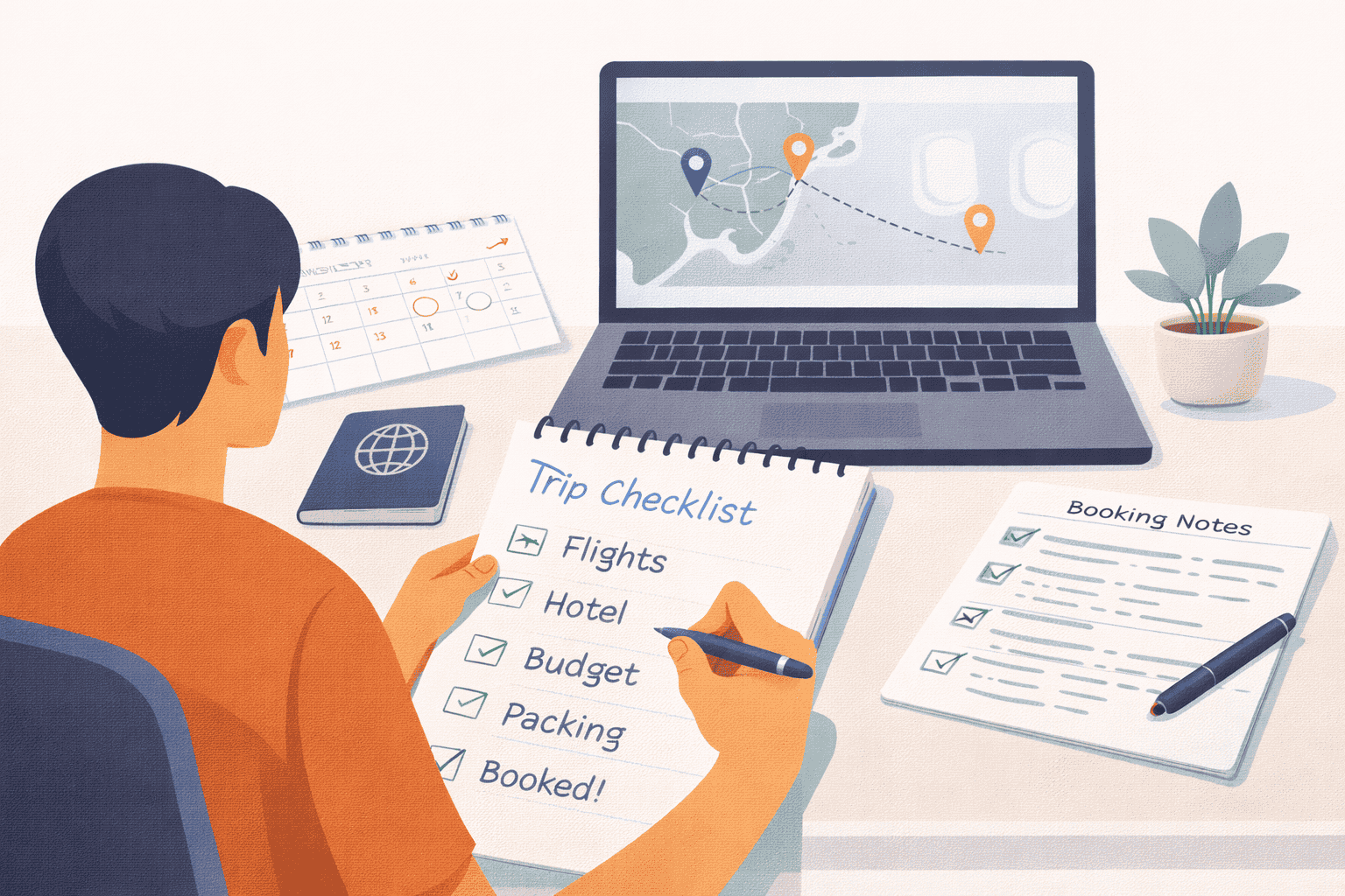 Traveler organizing a trip checklist with laptop, passport, calendar, route map, and booking notes on a desk