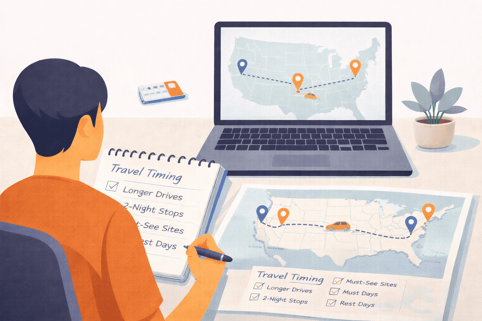 Traveler planning a USA road trip with laptop, paper map, route markers, car icon, and timing checklist