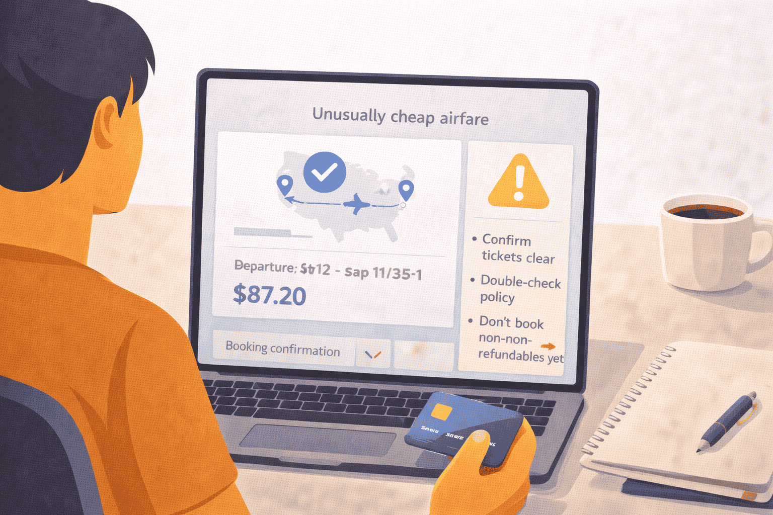 Traveler spotting an unusually cheap airfare with booking confirmation and caution notes on a laptop