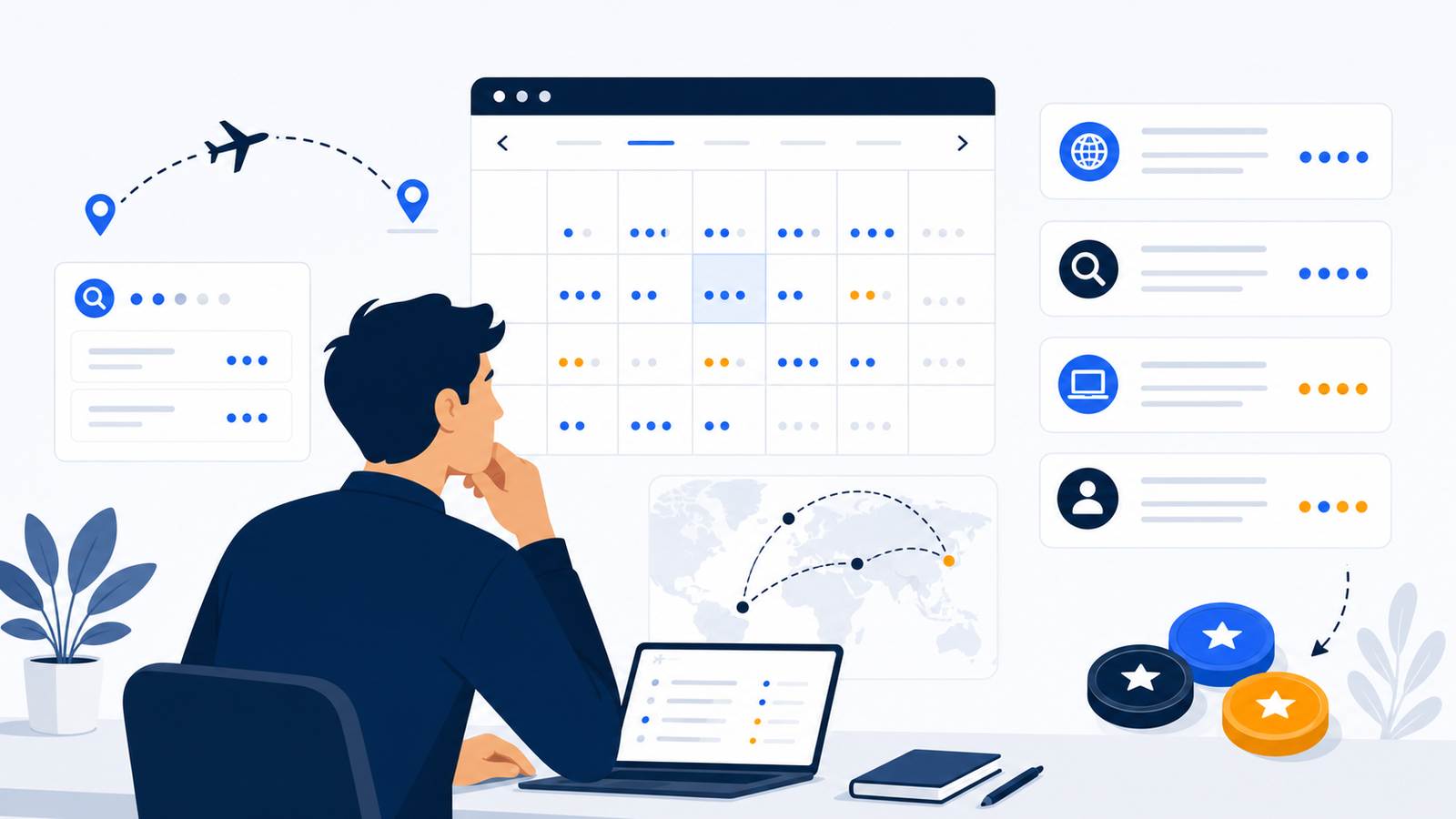 Traveler comparing award flight calendars, points, and multiple search methods on a clean dashboard