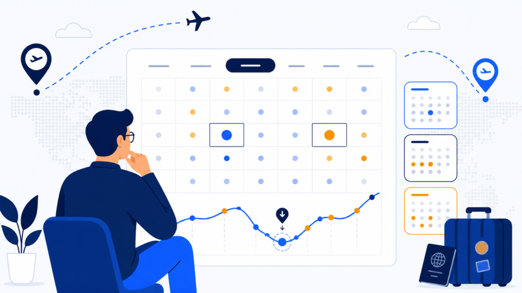 Traveler comparing flexible flight dates on a calendar with fare movement and route markers