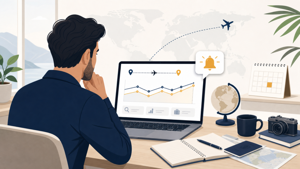 Traveler monitoring airfare changes and a price alert notification on a laptop with route and calendar elements