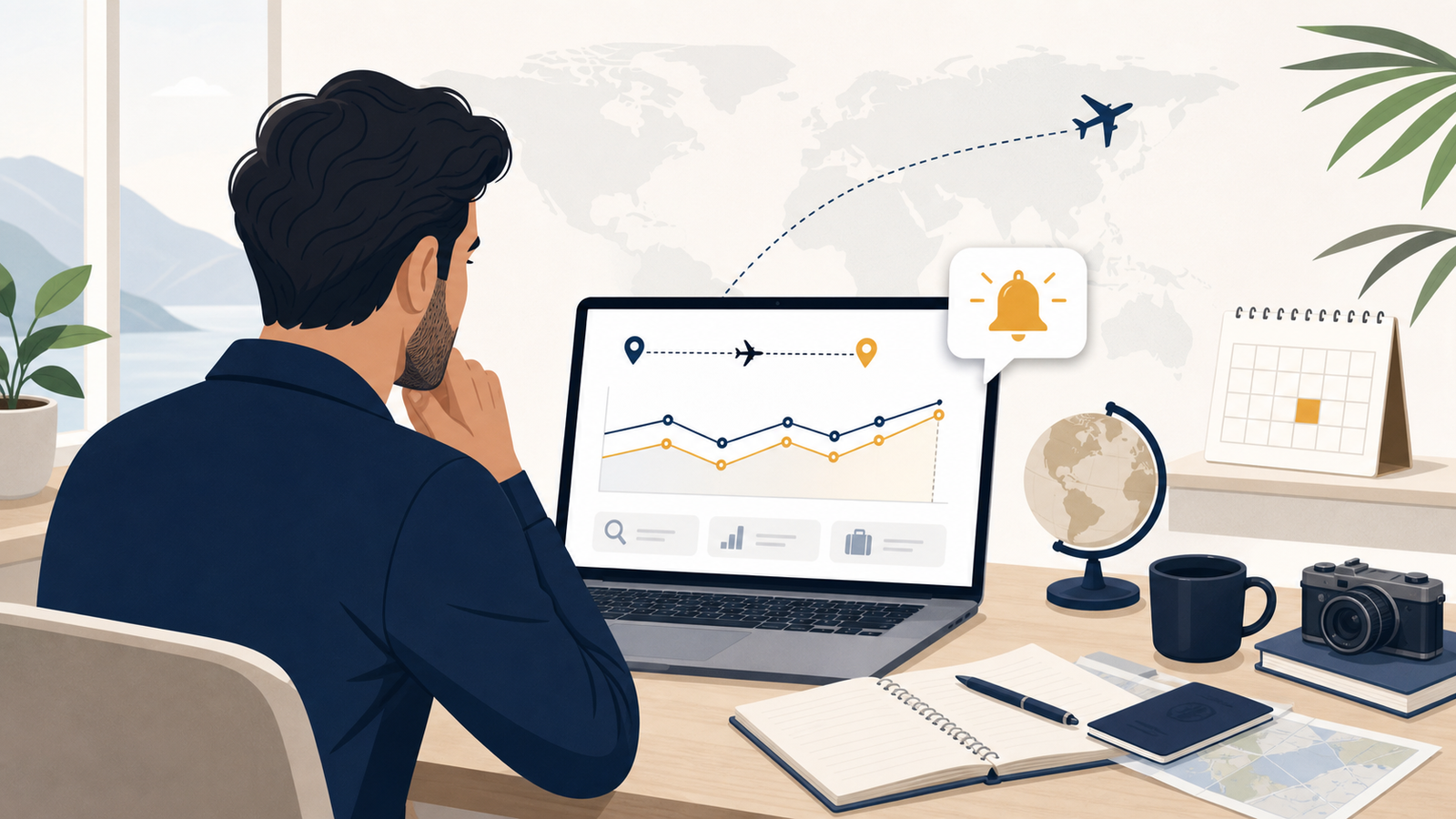 Traveler monitoring airfare changes and a price alert notification on a laptop with route and calendar elements
