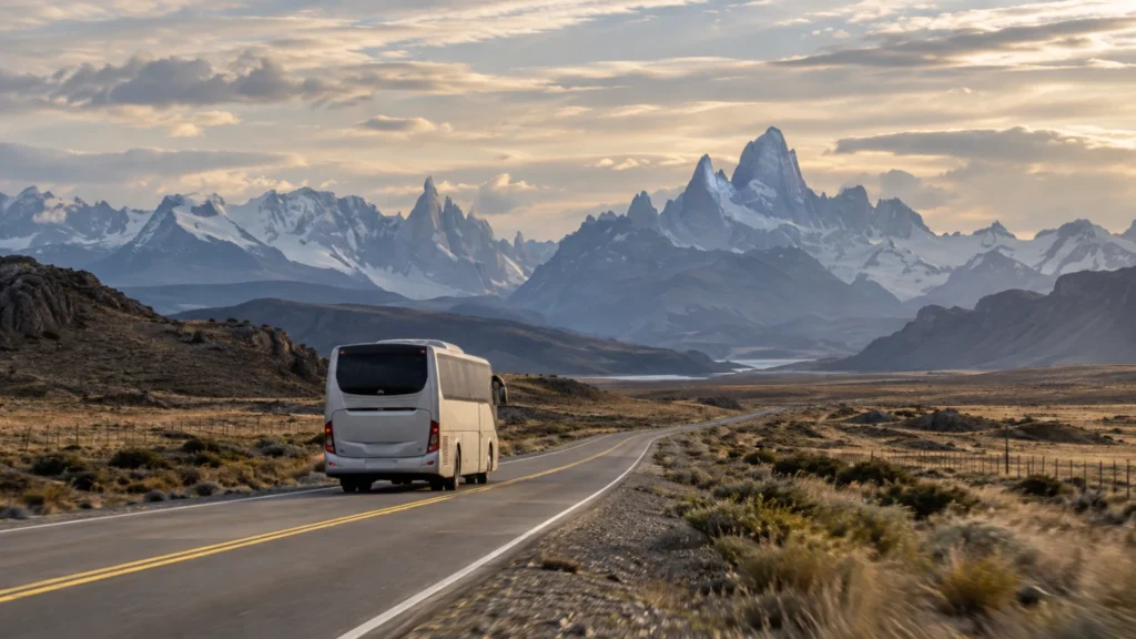 Intercity coach traveling toward the Fitz Roy massif on a road in Argentine Patagonia.
