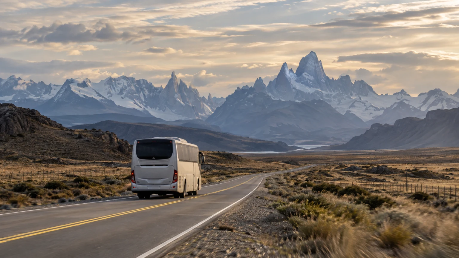 Intercity coach traveling toward the Fitz Roy massif on a road in Argentine Patagonia.