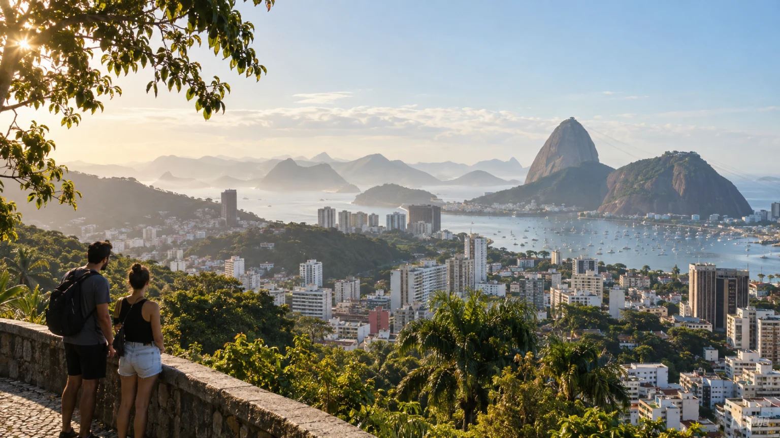 Travelers overlooking Rio de Janeiro and Guanabara Bay in warm morning light.