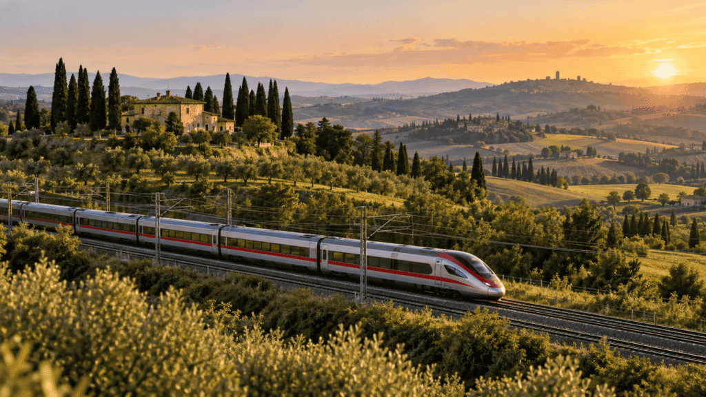 High-speed train traveling through the Tuscan countryside at golden hour, representing a 10-day Italy itinerary with rail travel between major cities.